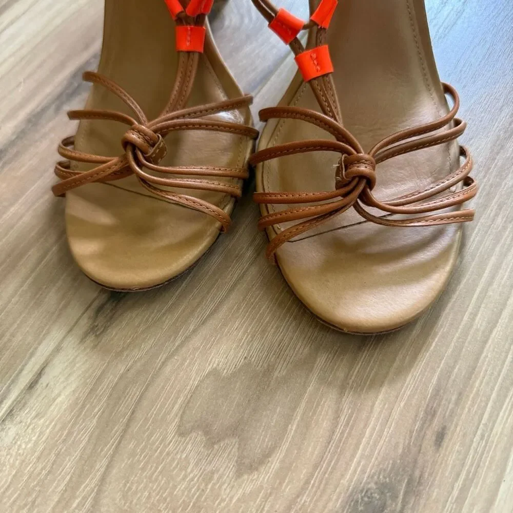 Coach Womens Fluorescent Orange Tan Lana Leather Strappy Heel Sandal Size 7.5